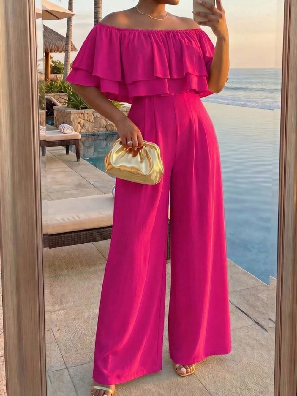 Hot Pink Casual Women's Plus Size Ruffle Off Shoulder Top & Wide Leg Pants Set - Picture 3 of 5